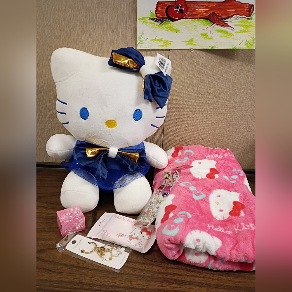 Jumbo 14in Hello Kitty Plush with Blanket 42 x 64in, Keychain, stickers, etc Lot